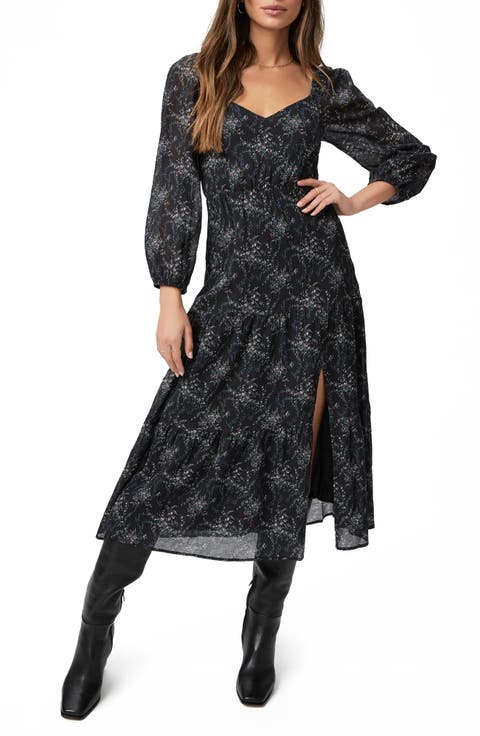 Libra Puff Shoulder Long Sleeve Midi Dress
