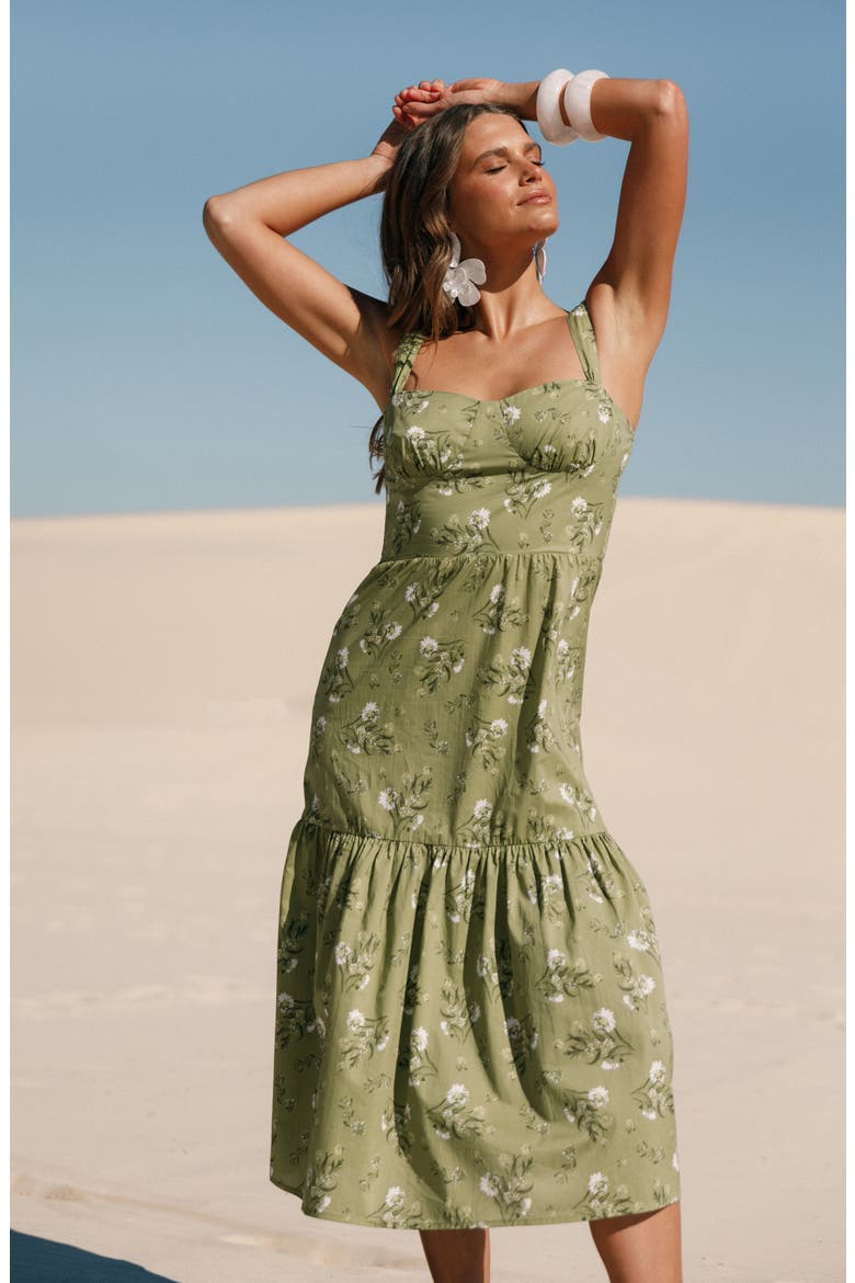 Floral Sleeveless Tiered Cotton Midi Dress, Alternate, color, SAGE BOTANICA