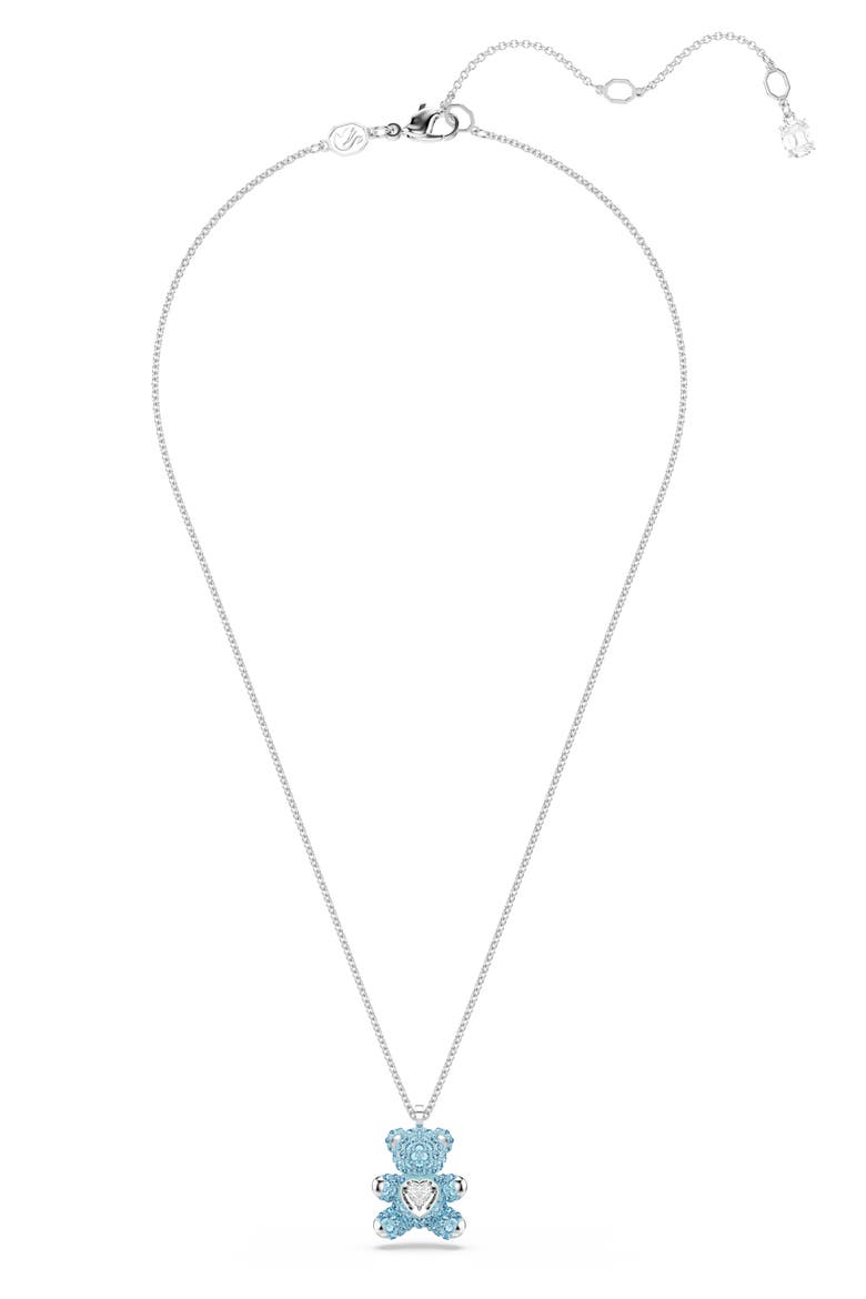 Pavé Crystal Heart Teddy Pendant Necklace, Alternate, color, AQUA/ SILVER