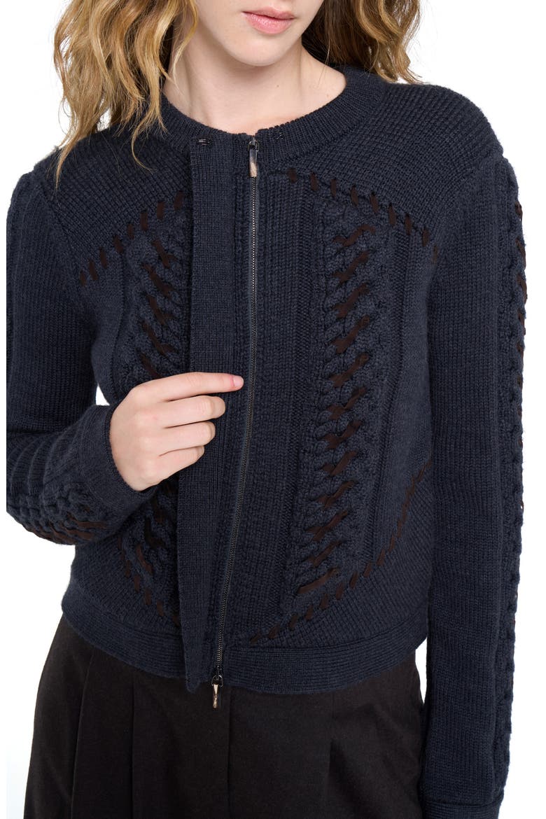 Suede Detail Wool Cable Cardigan, Alternate, color, CHARCOAL