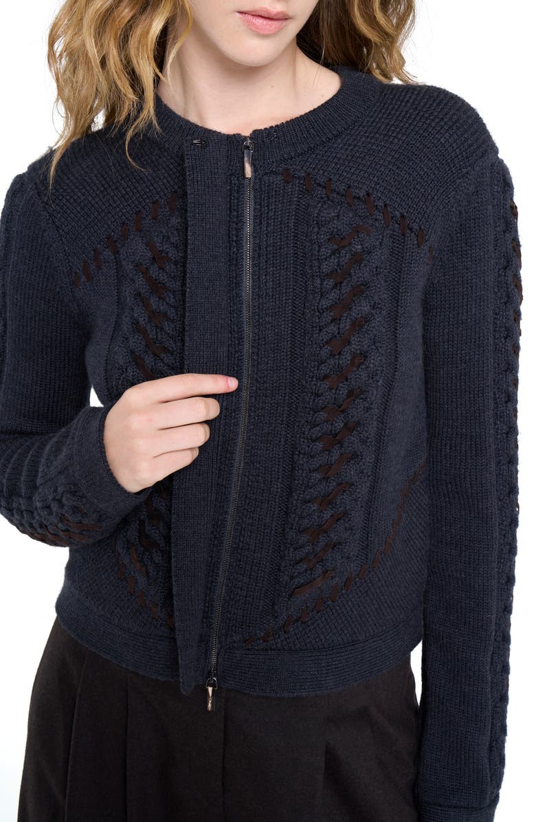TWP Suede Detail Wool Cable Cardigan, Alternate, color, Charcoal