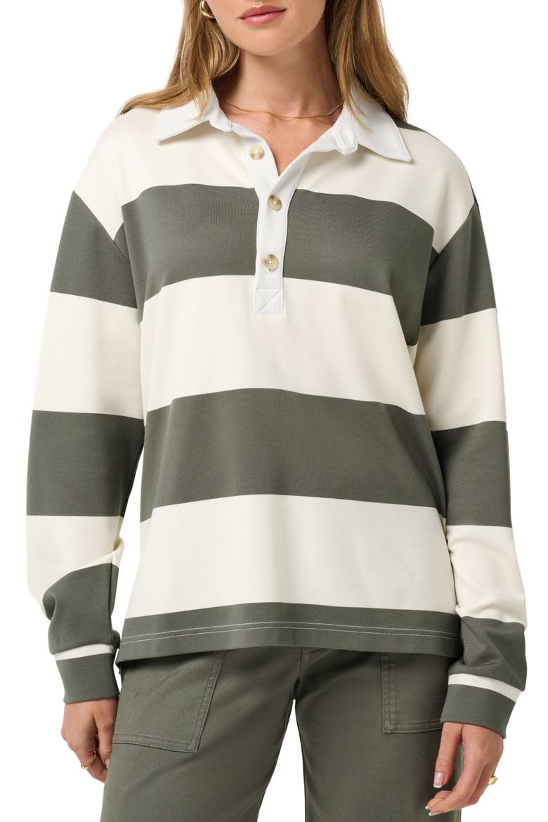 Striped Performance Rugby Polo, Main, color, OLIVE SMOKE STRIPE