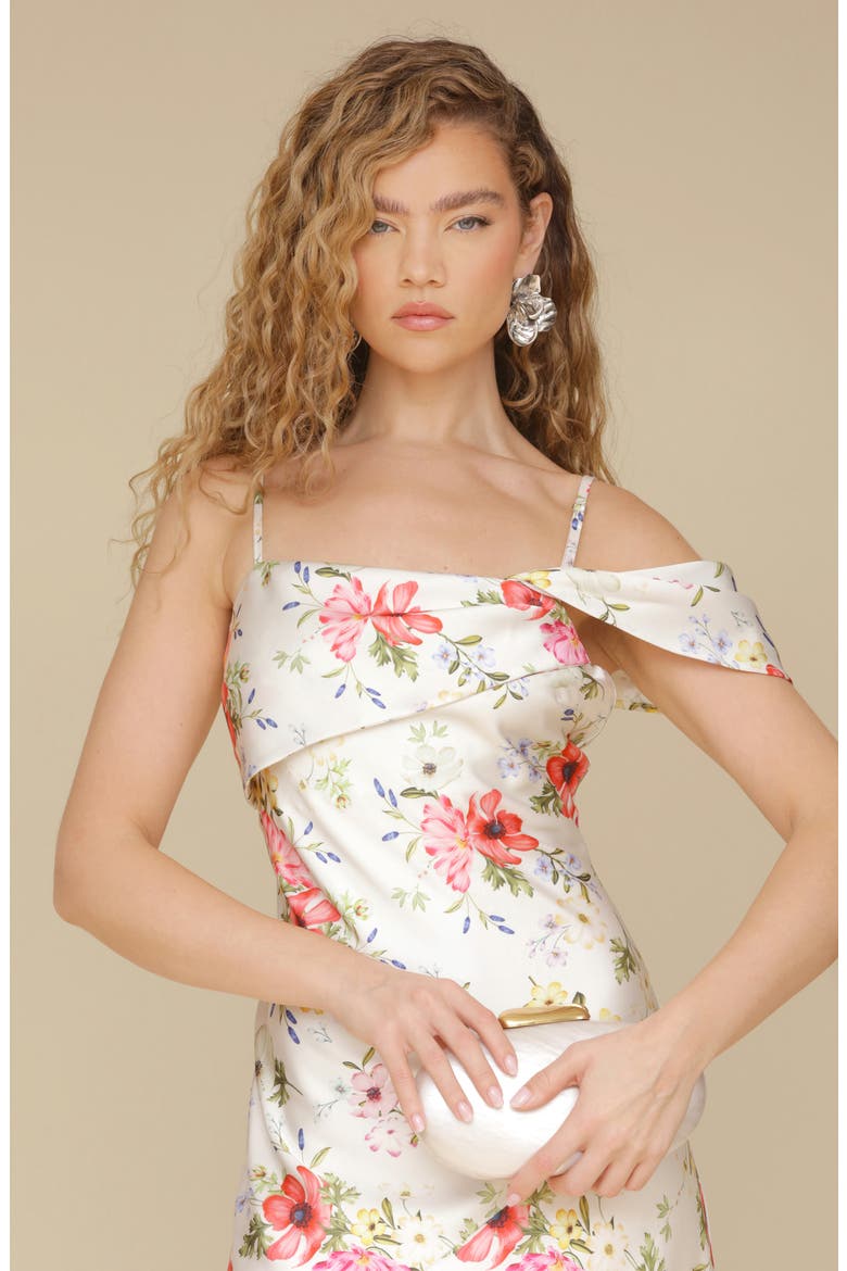 Floral Print Asymmetric Satin Maxi Dress, Alternate, color, CREAM FLOWER PRESS