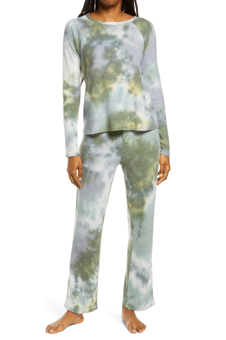 Saturday Morning Thermal Pajamas, Main, color, OLIVE BRANCH TIE DYE