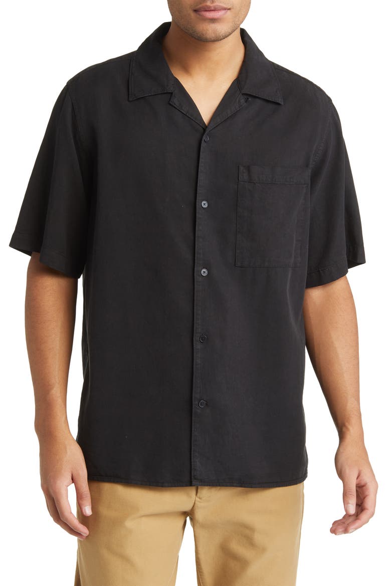Julio 5029 Short Sleeve Lyocell & Linen Button-Up Camp Shirt, Main, color, BLACK