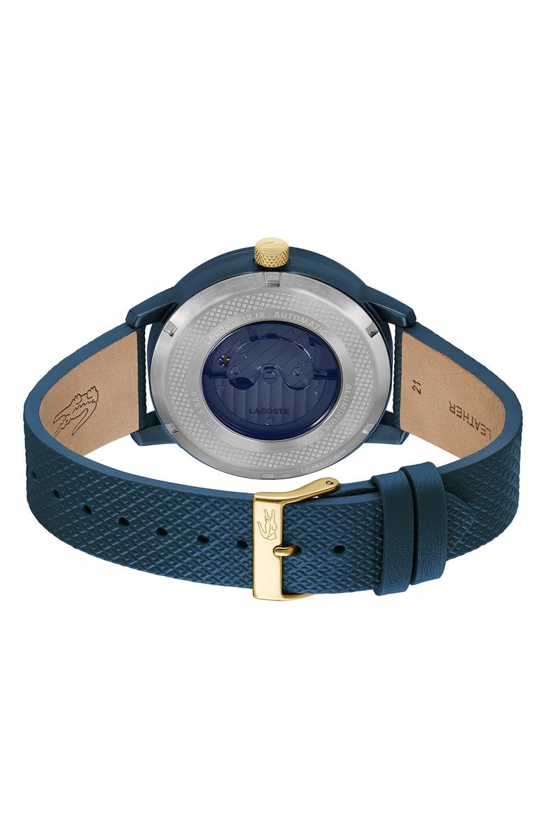Lacoste 12.12 Automatique Leather Strap Watch, 44mm, Alternate, color, Blue