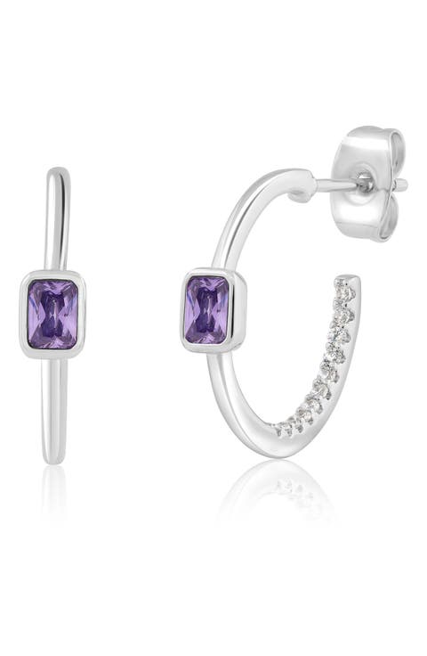 Bezel Set Birthstone Cubic Zirconia Hoop Earrings
