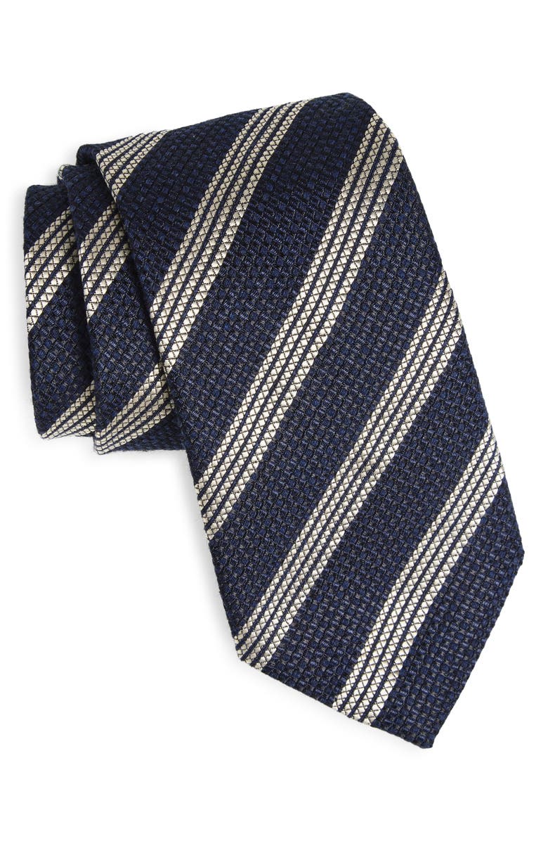 BOSS Textured Stripe Silk & Wool Tie, Main, color, Dark Blue