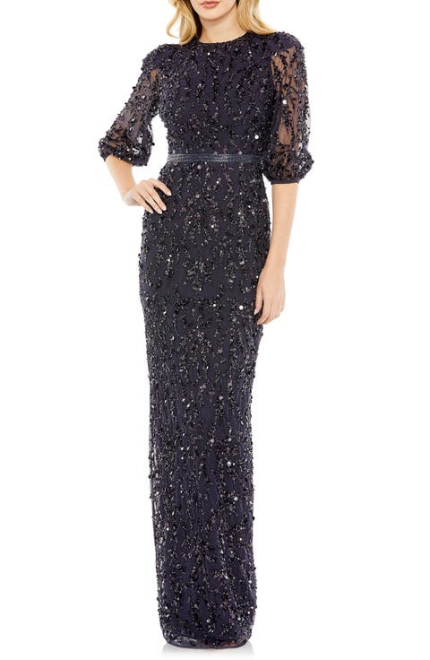 Sequined Elbow Sleeve Gown