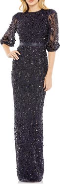 Mac Duggal Sequined Elbow Sleeve Gown