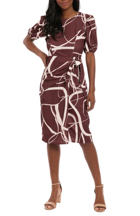 Print Side Tie Puff Sleeve Dress