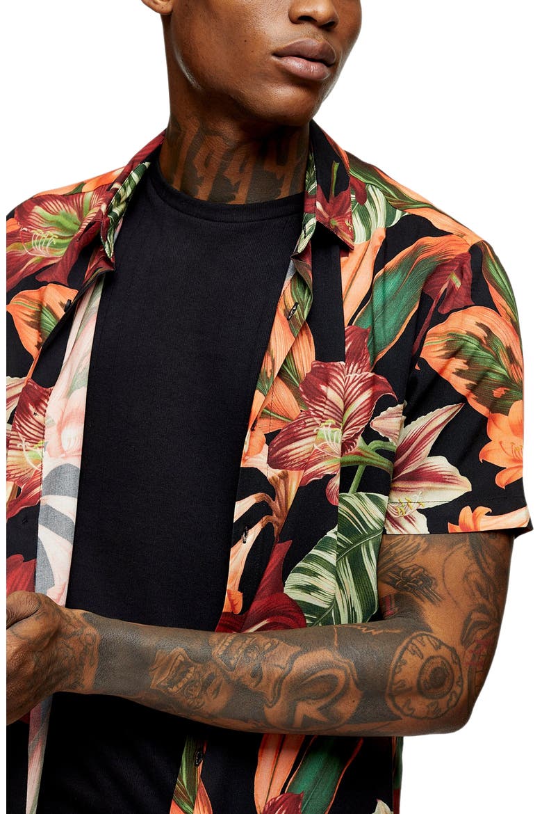 Lily Slim Fit Floral Short Sleeve Button-Up Shirt, Alternate, color, BLACK MULTI