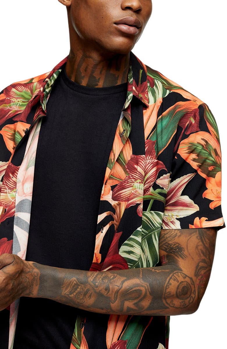 Topman Lily Slim Fit Floral Short Sleeve Button-Up Shirt, Alternate, color, 