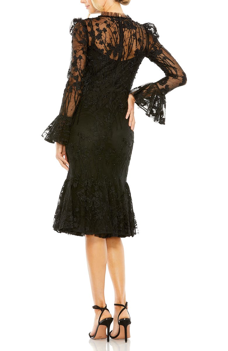 Mac Duggal Embellished Ruffle Wrist High Neck Midi Dress, Alternate, color, Black