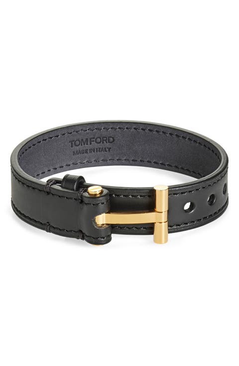 TOM FORD ブラック T ブレイド レザーブレスレット TOM FORD: Black Braided T Leather Bracelet | SSENSE