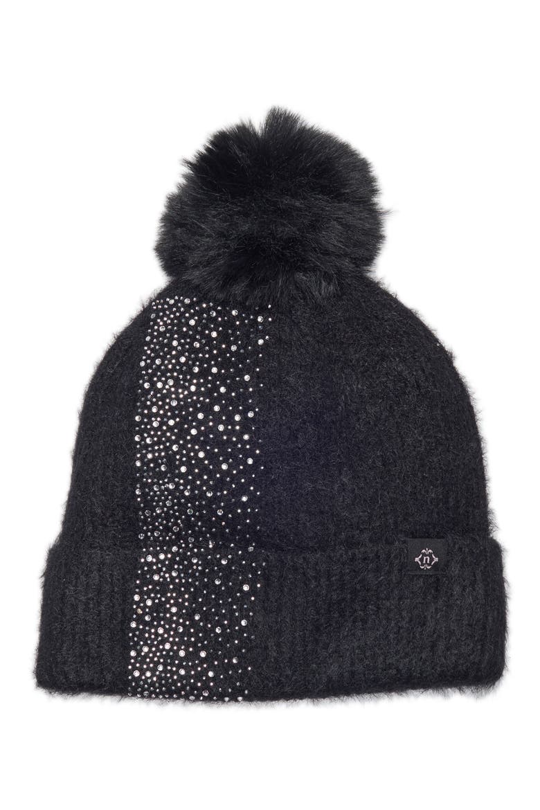 Embellished Faux Fur Pom Beanie, Main, color, BLACK