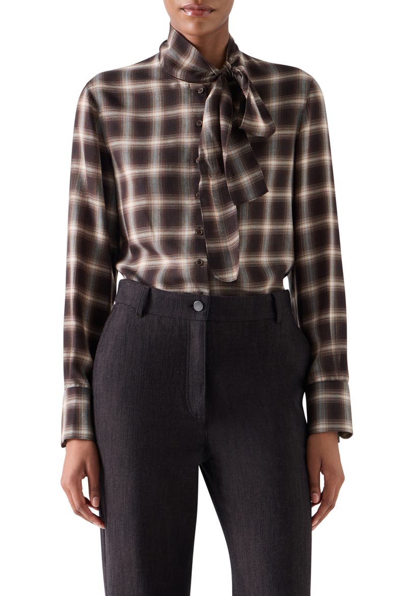 Check Tie Neck Shirt, Main, color, ESPRESSO-CASHEW