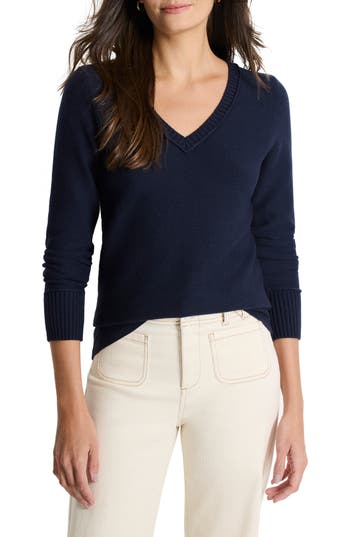 Nic + Zoe Nic+zoe Garter V-neck Cotton Blend Sweater In Blue