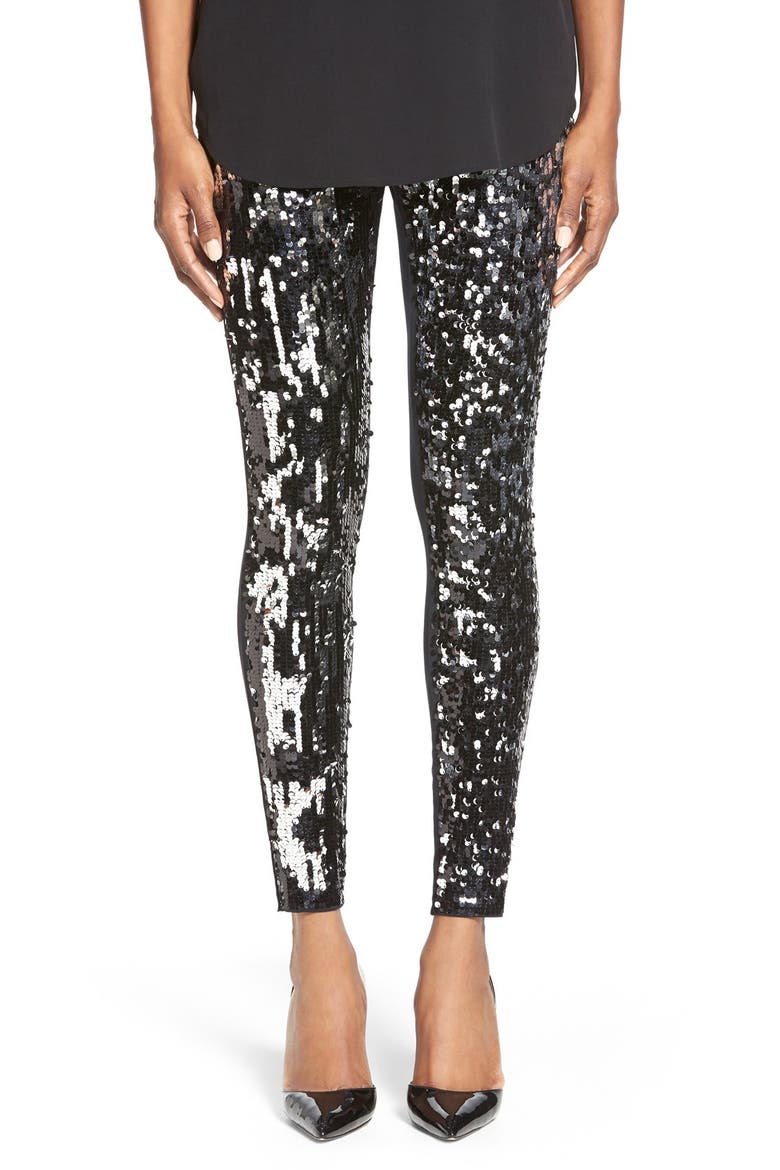 Sequin Front Leggings, Main, color, BLACK/SILVER