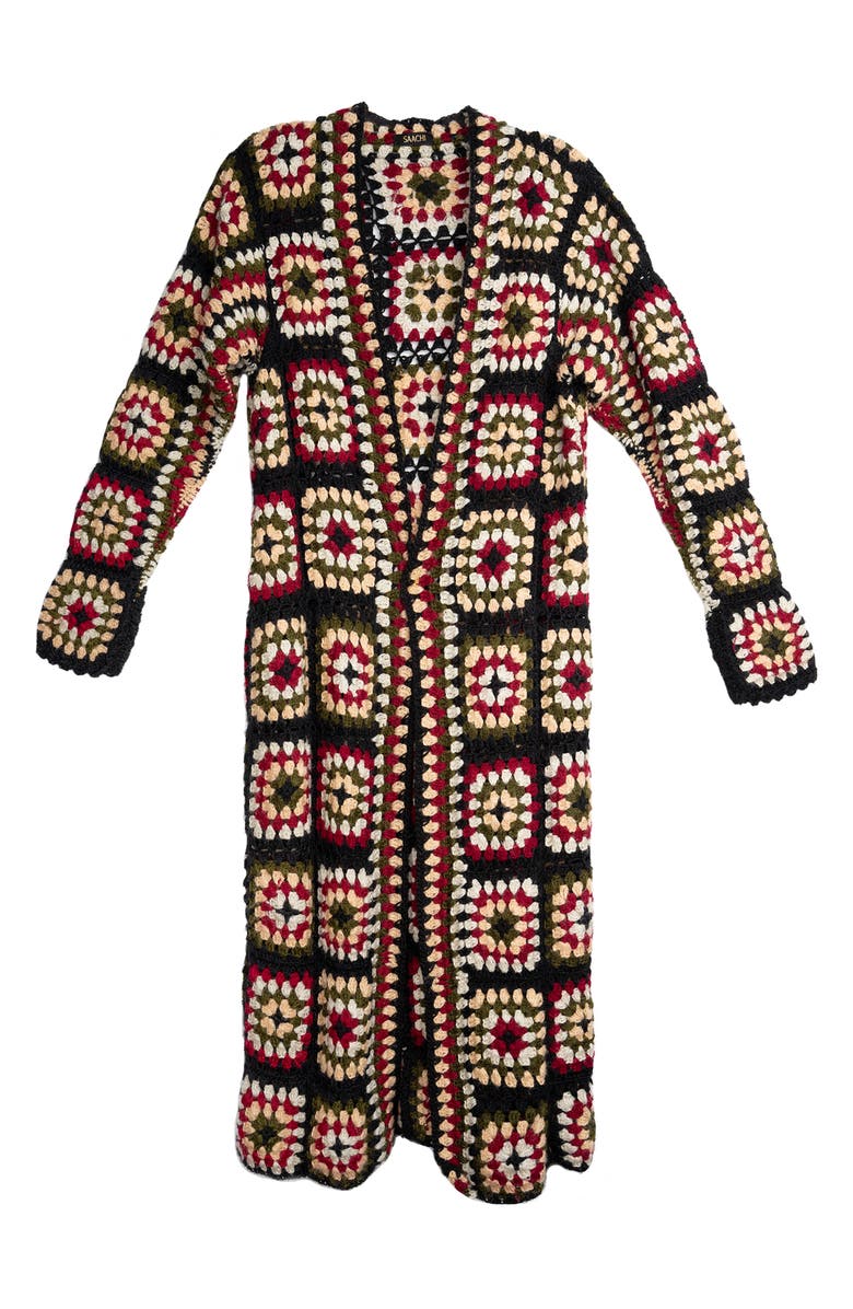 SAACHI Granny Square Crochet Longline Cardigan, Alternate, color, Black/Natural Multi