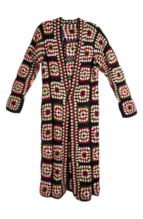 Saachi Granny Square Crochet Longline Cardigan In Black/natural Multi