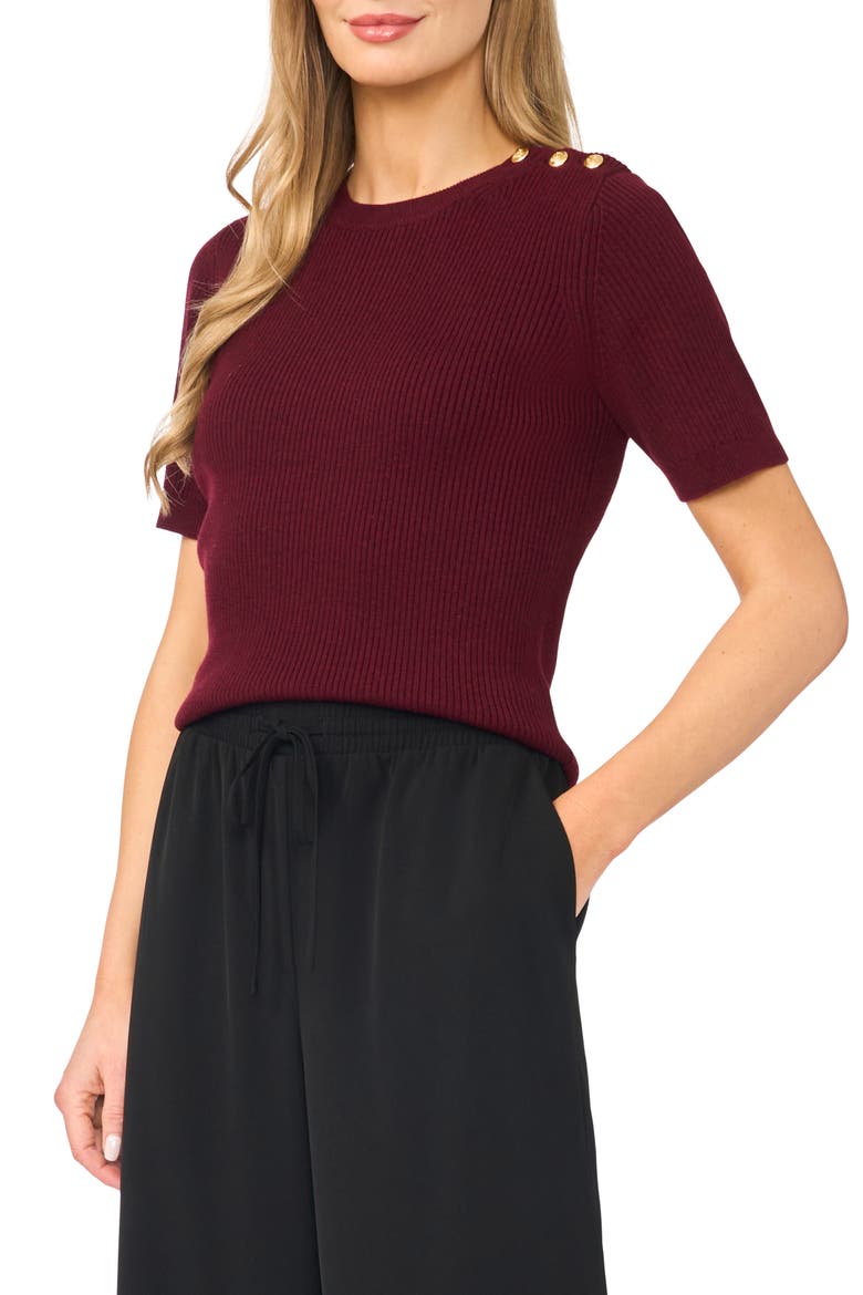 Button Shoulder Rib Short Sleeve Sweater, Main, color, RICH BURGUNDY