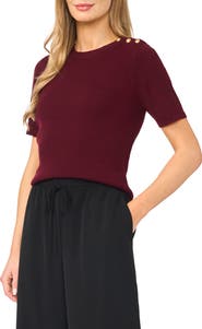 Halogen® Button Shoulder Rib Short Sleeve Sweater