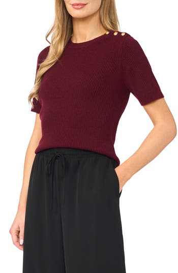 Halogen ® Button Shoulder Rib Short Sleeve Sweater In Rich Burgundy
