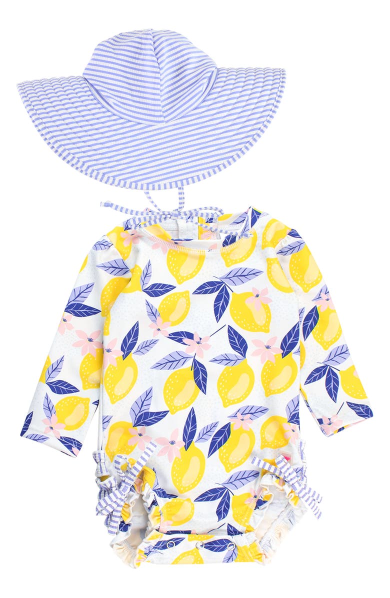 RuffleButts Lemons One-Piece Rashguard Swimsuit & Hat Set, Main, color, Blue