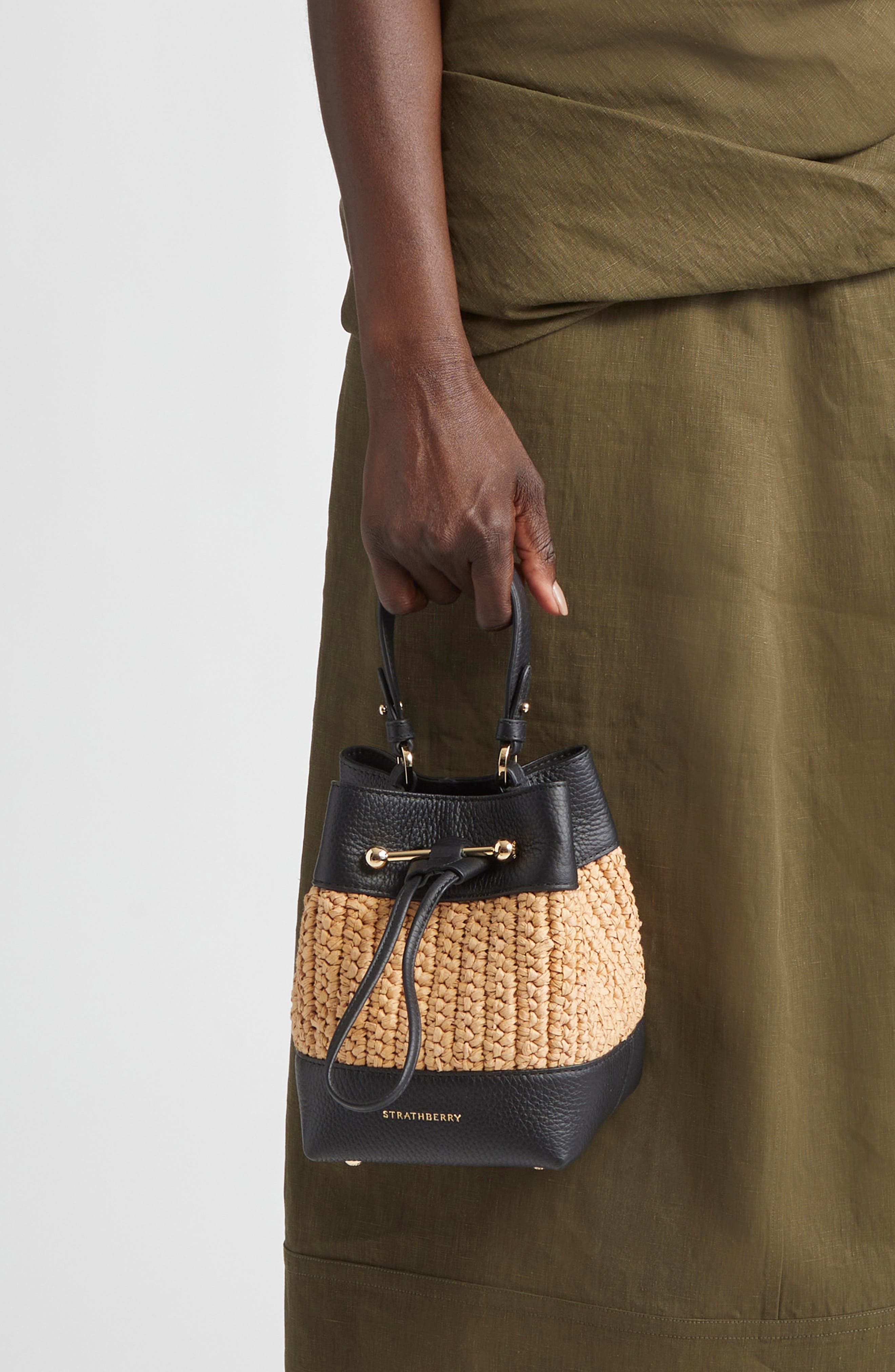 Strathberry Lana Osette Raffia & Leather Bucket Bag, Alternate, color, Black