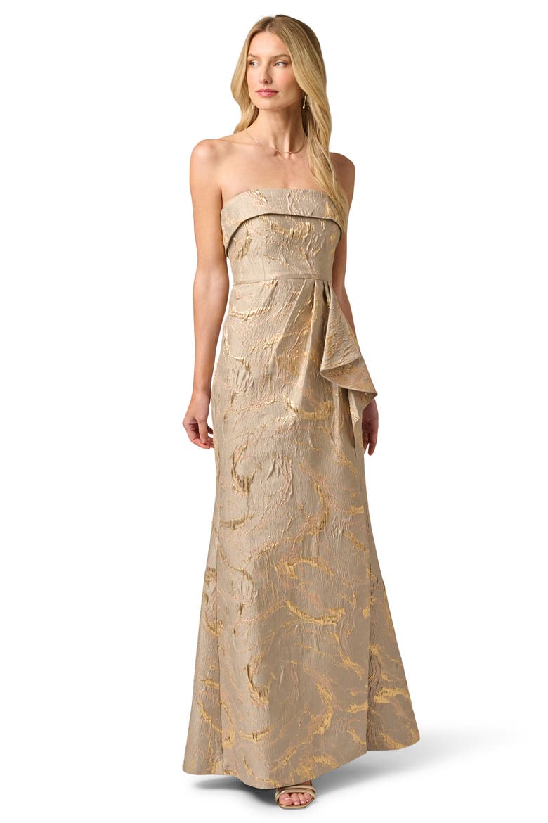 Strapless Metallic Jacquard Draped Gown, Alternate, color, MINK