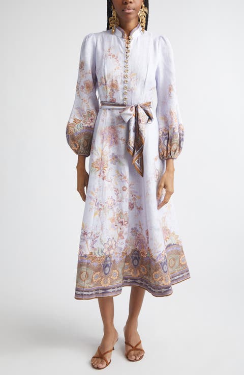 Luna Paisley Print Long Sleeve Linen Midi Dress