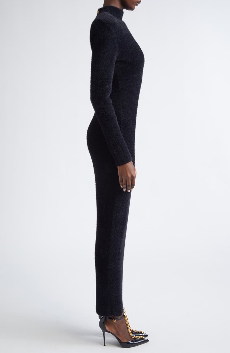 Balmain Button Detail Open Back Long Sleeve Bouclé Dress, Alternate, color, 0Pa Black