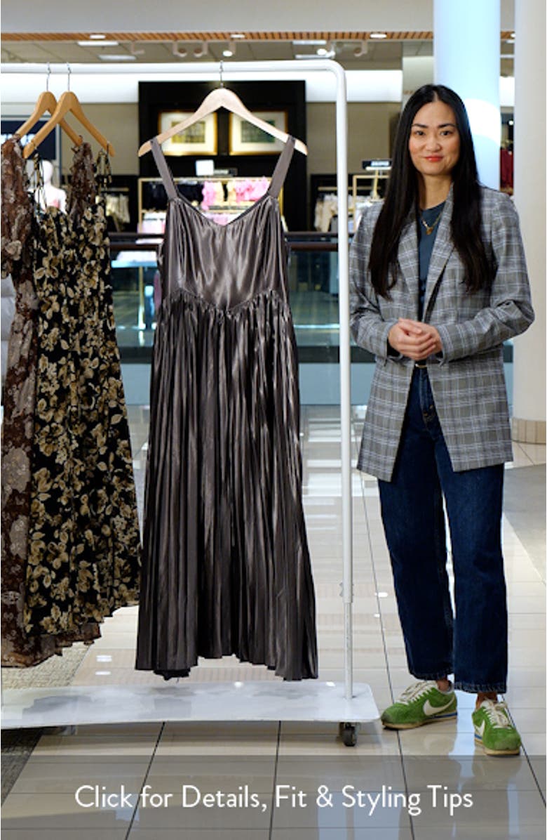 Camala Metallic Satin Pleated Maxi Dress, sales video thumbnail