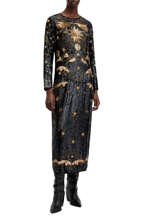 AllSaints Noushka Mixed Sequin Print Long Sleeve Dress in Black/Gold 