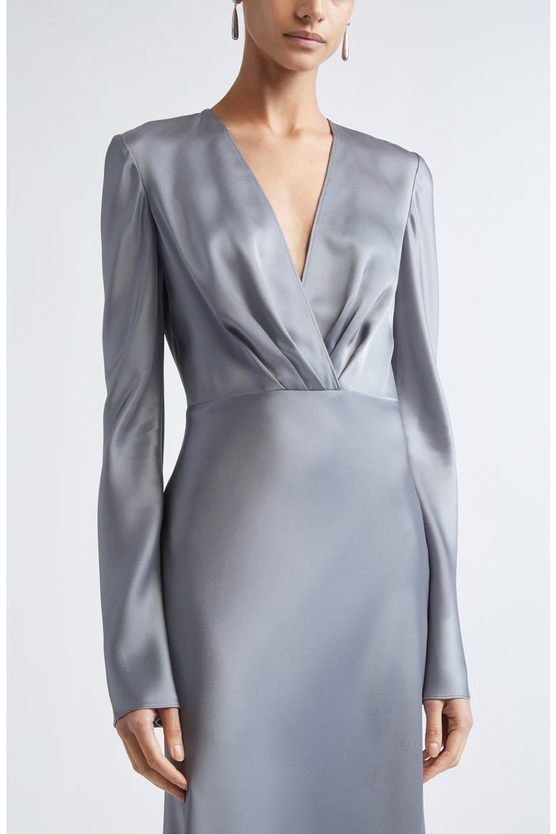Long Sleeve Satin V-Neck Dress, Alternate, color, PEWTER