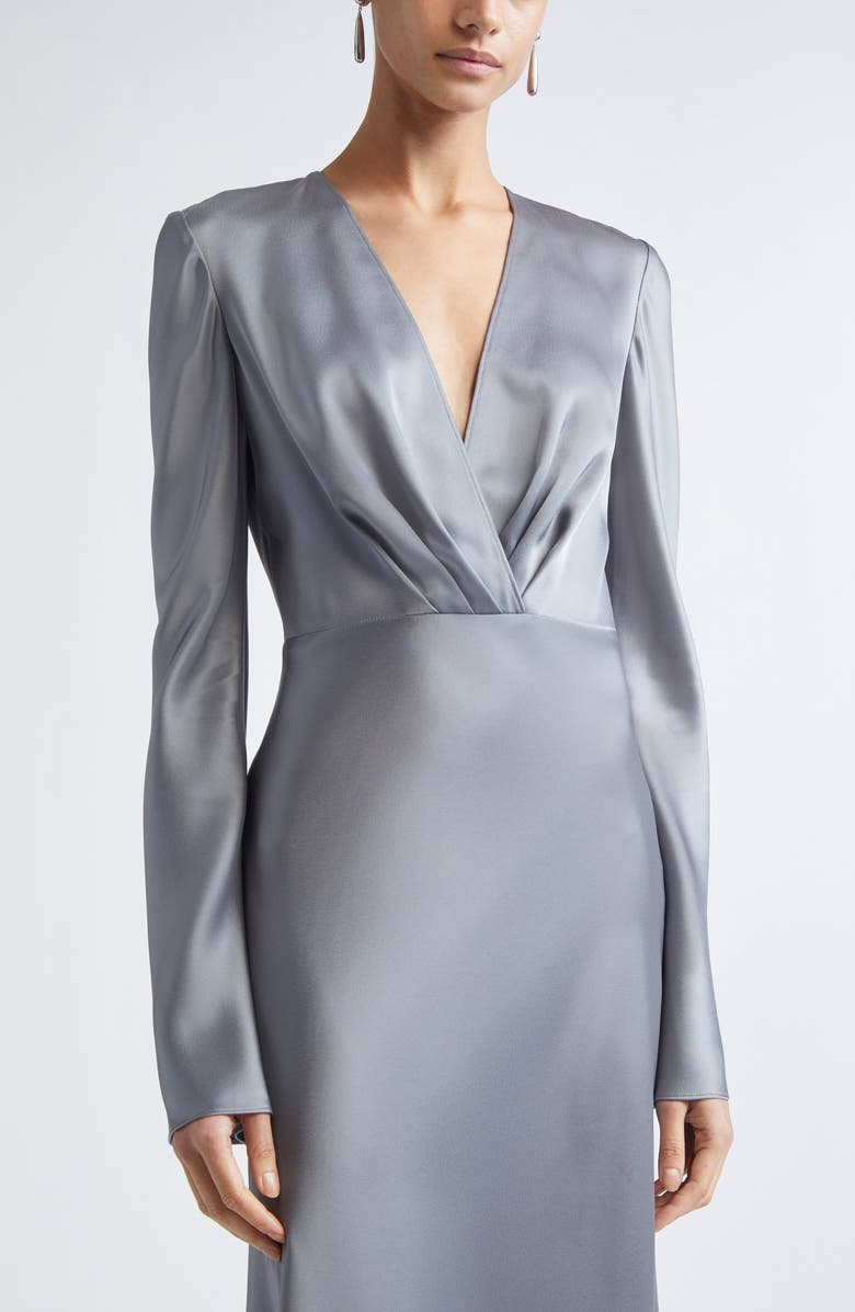 ST. JOHN Long Sleeve Satin V-Neck Dress, Alternate, color, Pewter