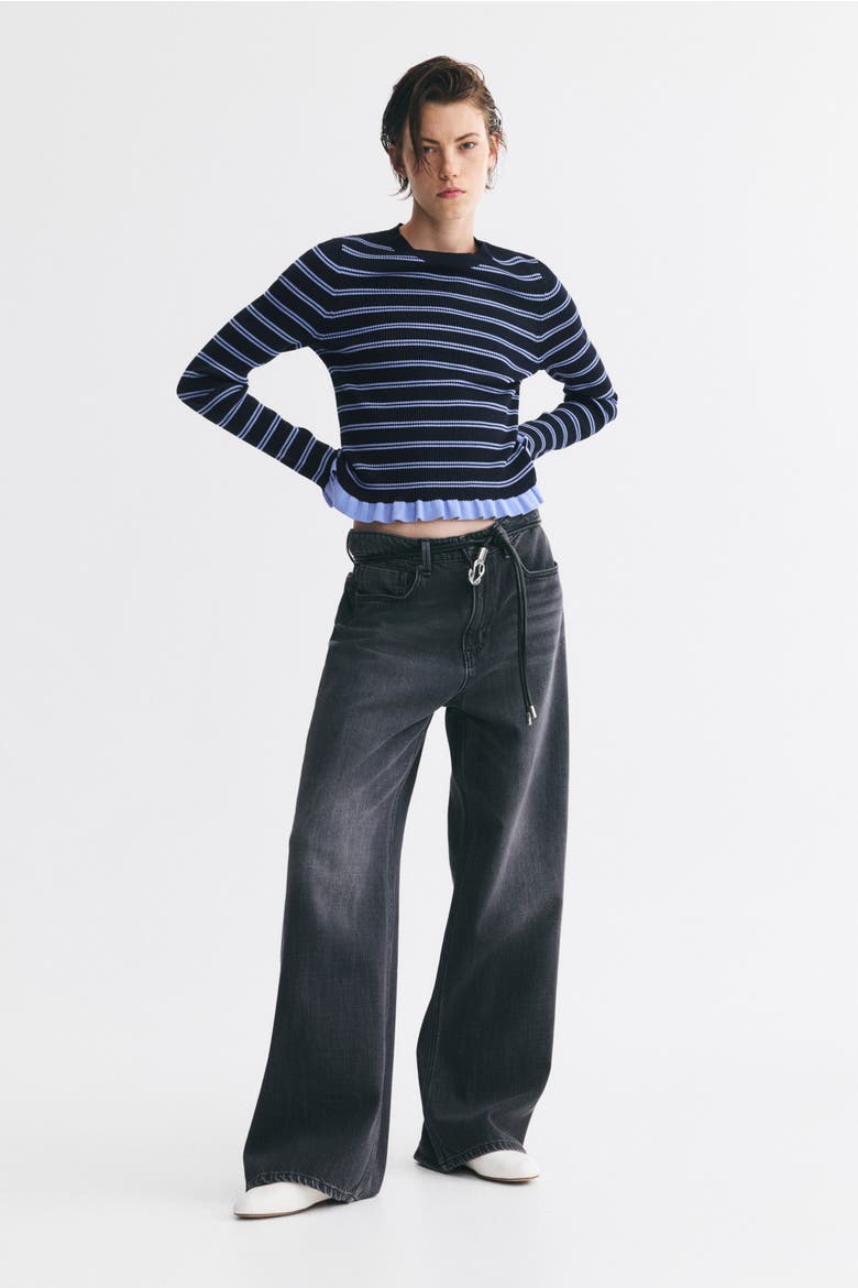 Ruffle-Trimmed Rib-Knit Top, Alternate, color, Navy blue/striped