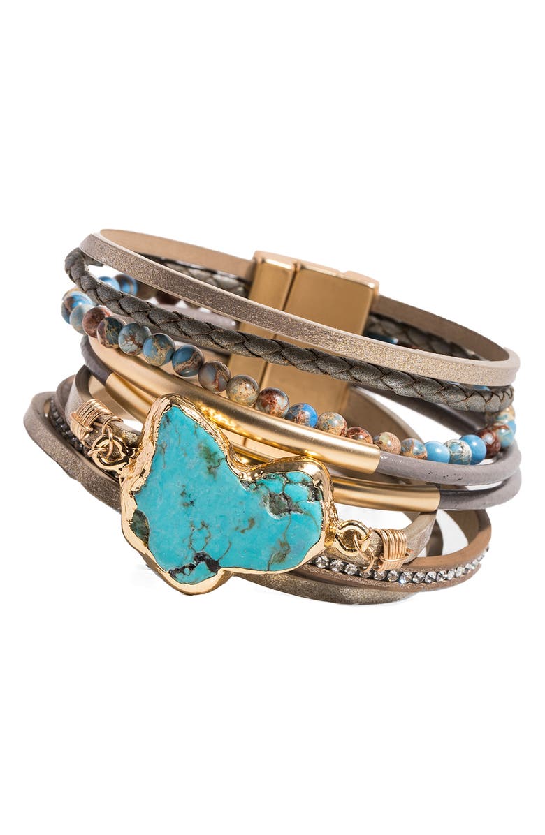 SAACHI Turquoise Stone Multistrand Leather Magnetic Bracelet, Alternate, color, Taupe