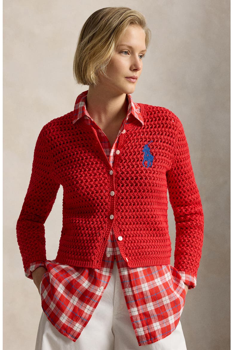 Big Pony Button-Up Cotton Crochet Crop Cardigan, Alternate, color, PETAL ROSE
