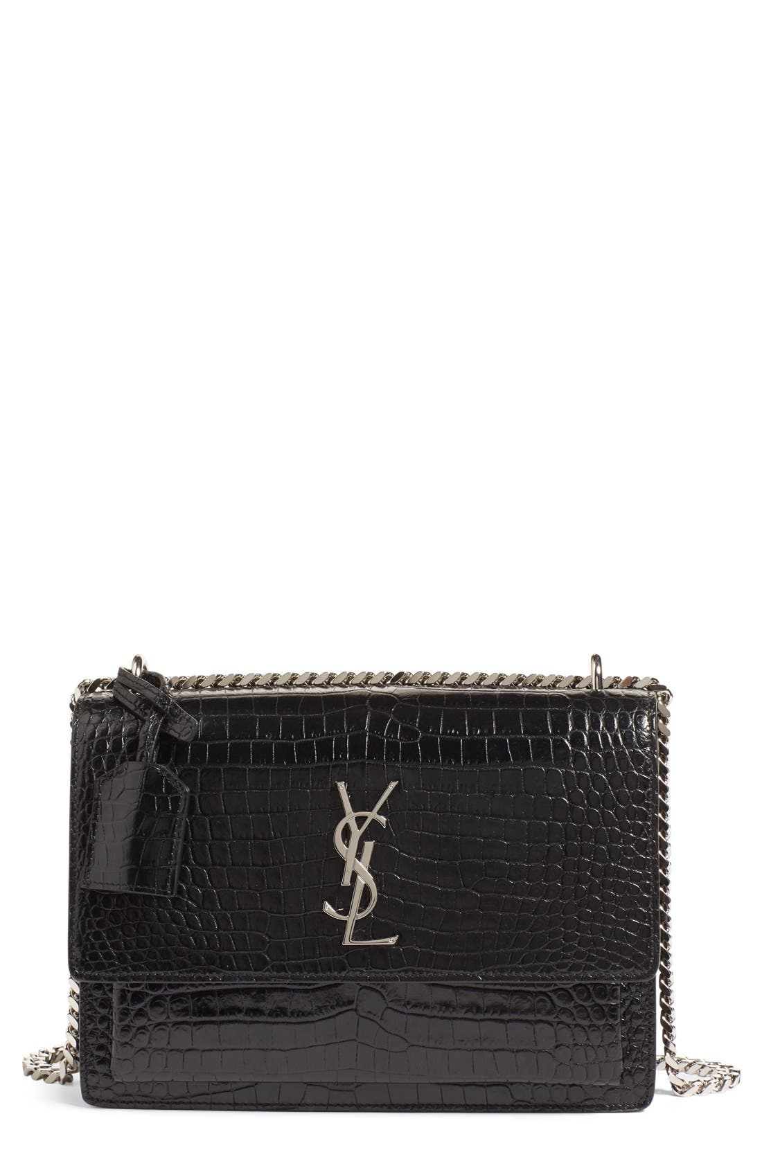 'Medium Monogram Sunset' Croc Embossed Leather Shoulder Bag, Main, color, NERO