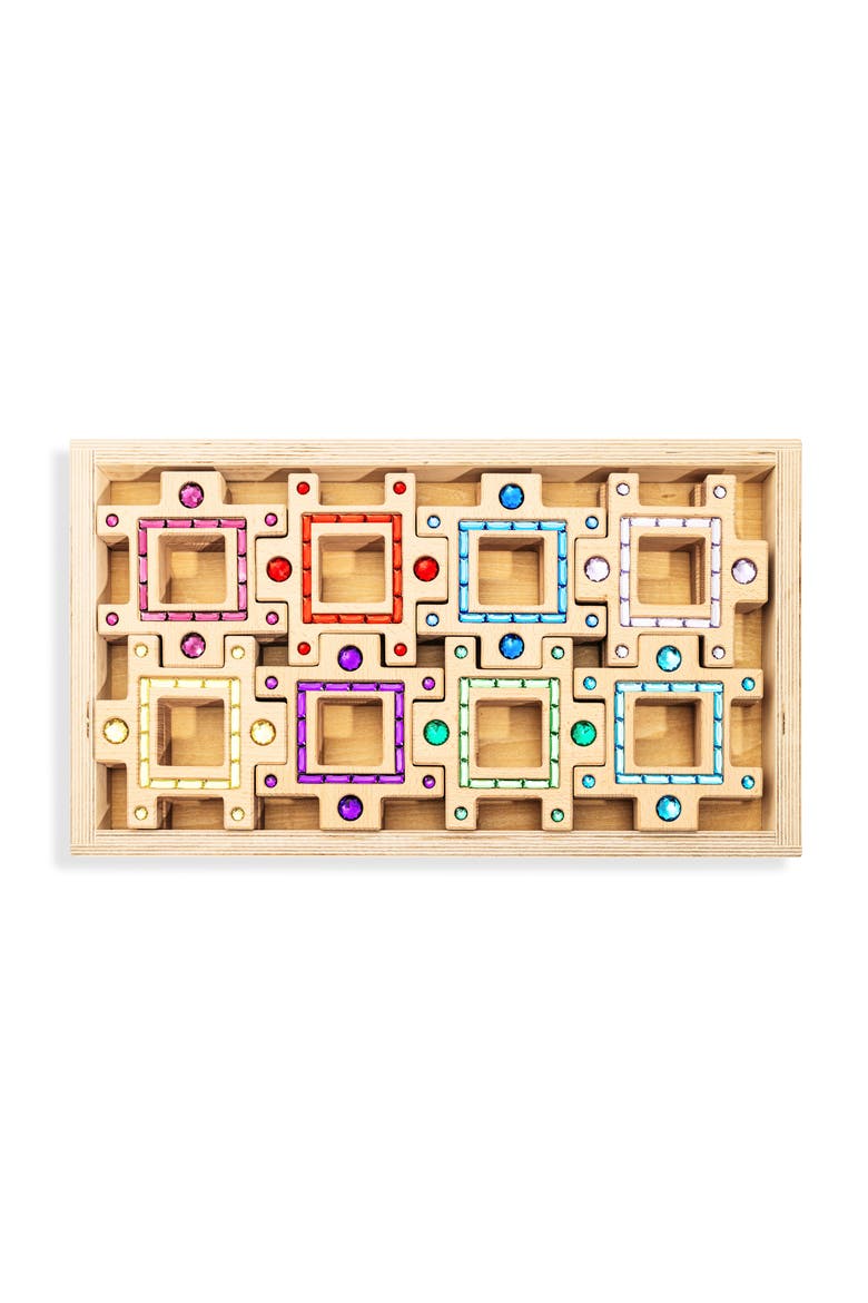 Busy Large Interlocking Wooden Building Blocks with Acrylic Inlays - 16 Pieces, Alternate, color, Multicolor