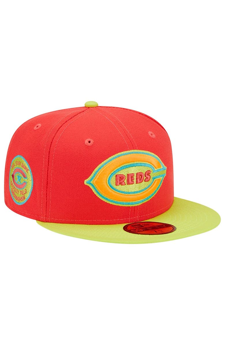 New Era Men's New Era Red/Neon Green Cincinnati Reds 1938 MLB All-Star Game  Lava Highlighter Combo 59FIFTY Fitted Hat, Main, color, 