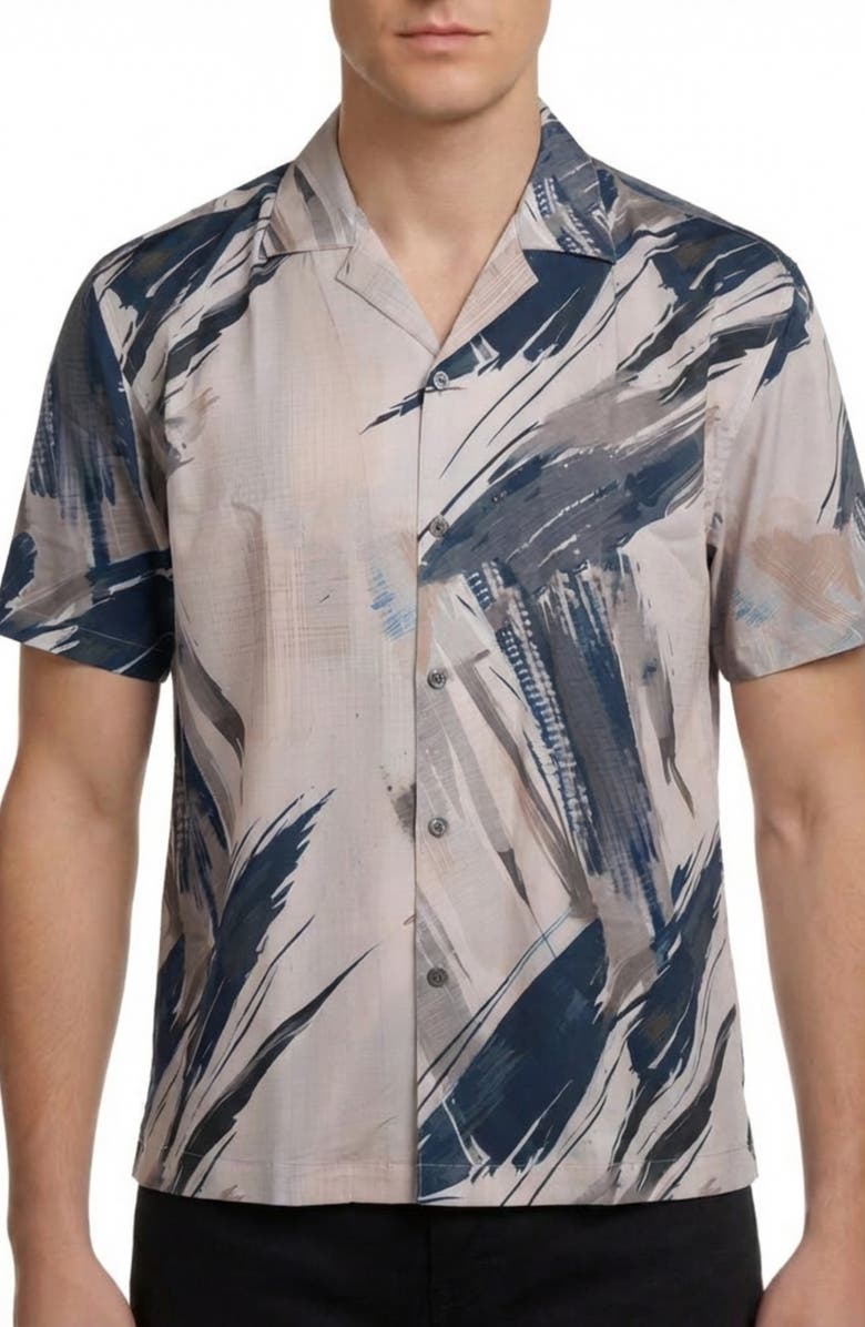 Report Collection Abstract Print 4-Way Stretch Short Sleeve Button-Up Shirt, Main, color, 01 White