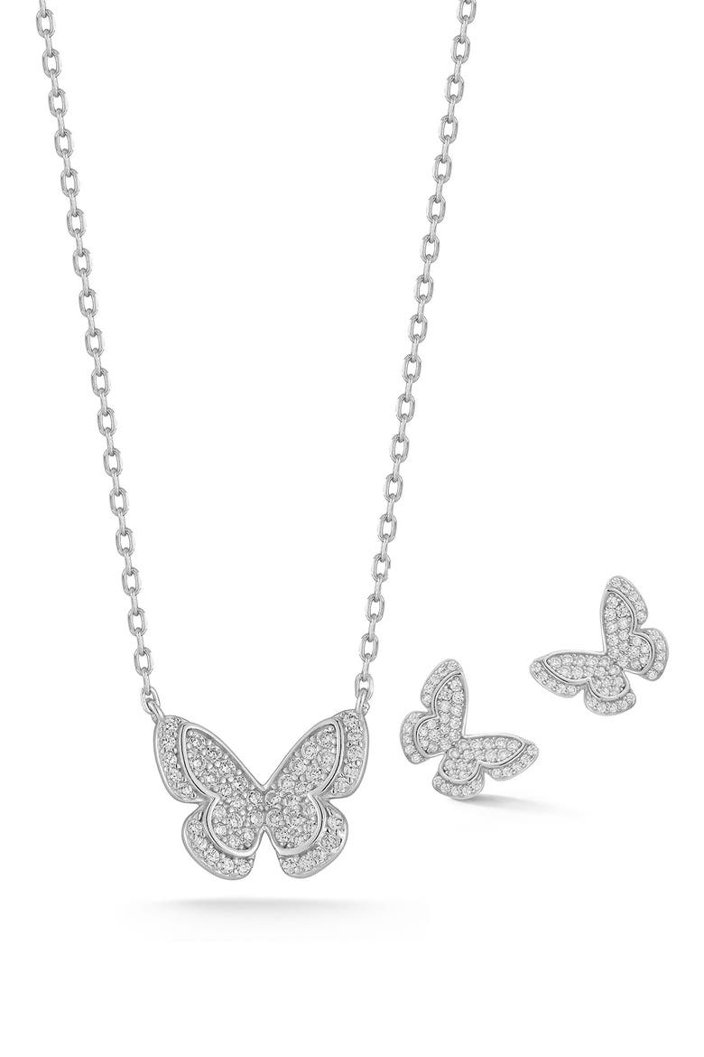 CZ Butterfly Pendant & Stud Earrings Set, Main, color, SILVER