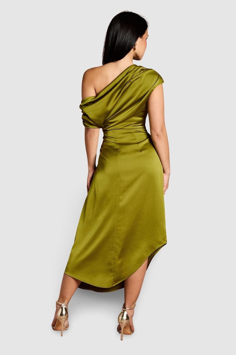 Petite Satin One Shoulder Midi Dress, Alternate, color, Olive
