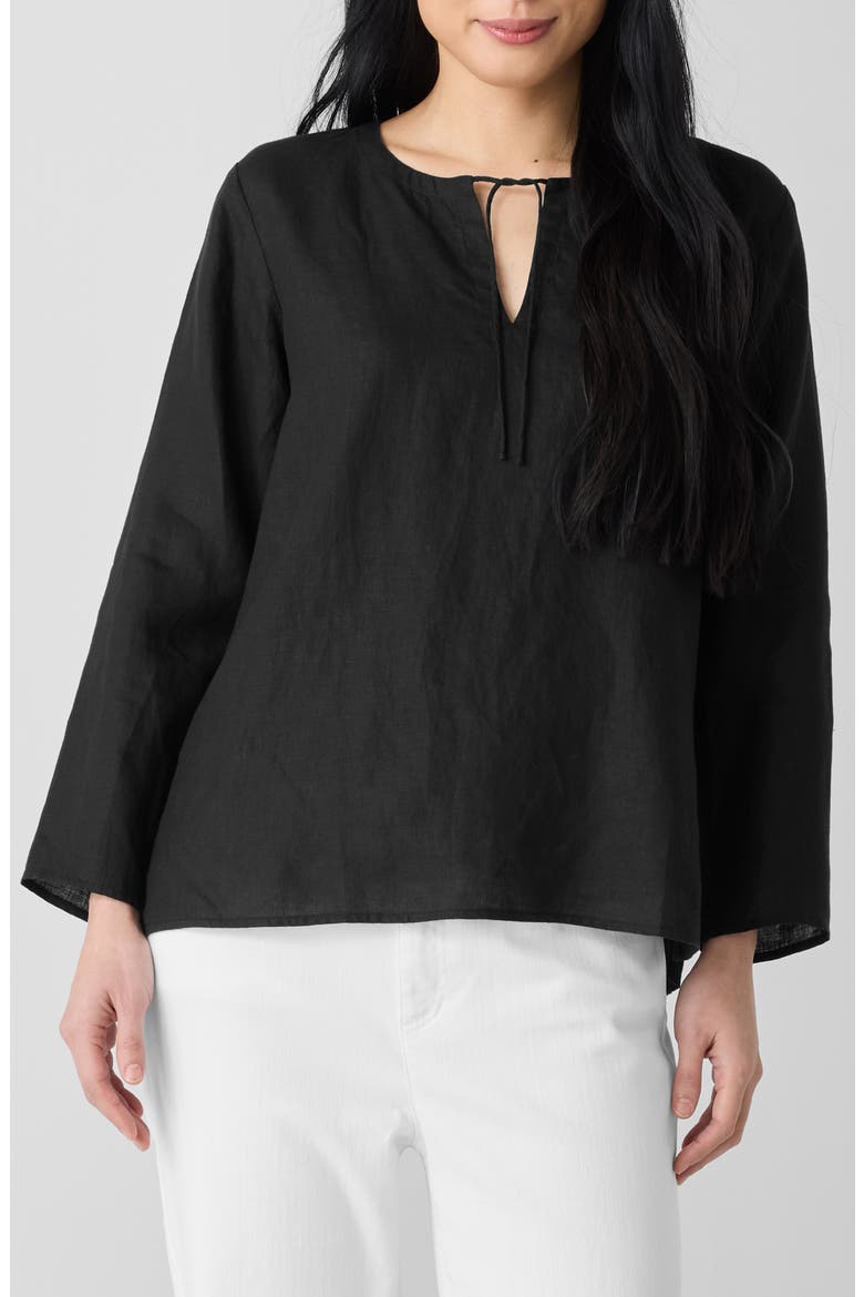 Split Neck Organic Linen Top, Main, color, BLACK