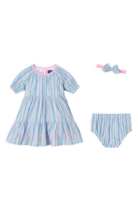 Stripe Cotton Dress, Bloomers & Bow Headband Set (Baby)