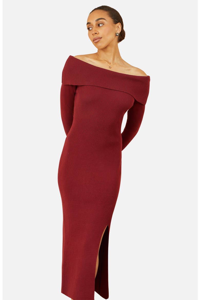 Bardot Knitted Fitted Midi Dress, Alternate, color, Burgundy