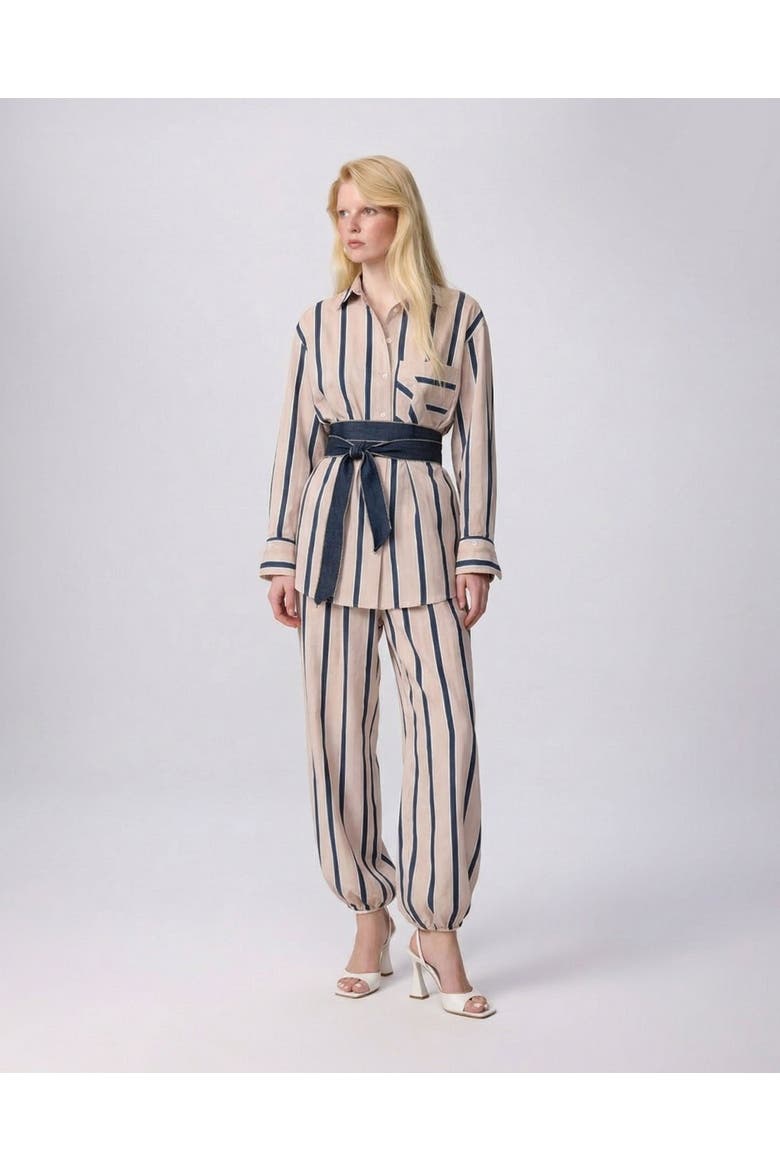 Ismene Side Button Boyfriend Stripe Shirt, Main, color, Eclipse Nude Stripe